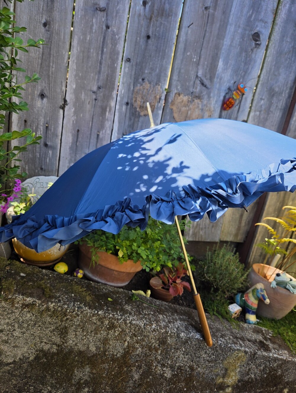 Vintage SCHERTZ Blue nylon UMBRELLA sun parasol Ruffle trim Carved Wood Handle